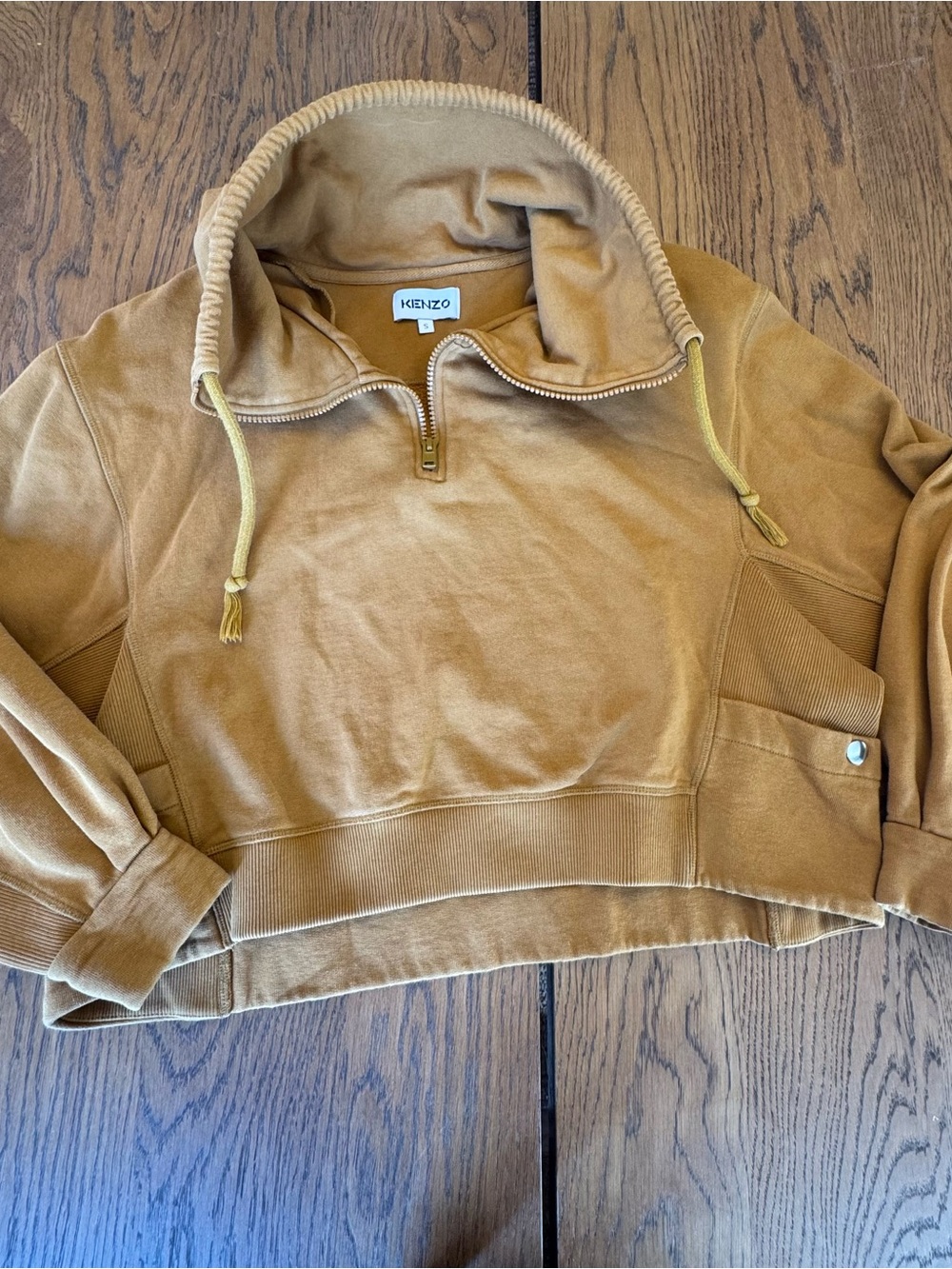 Kenzo Camel Mustard Cropped Funnel-Neck Sweatshirt Quarter Zip Vintage Rare S